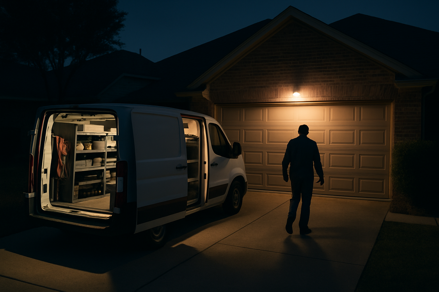 Captures the late-night emergency arrival scene in a generic North Texas suburban setting, evoking the midnight service 