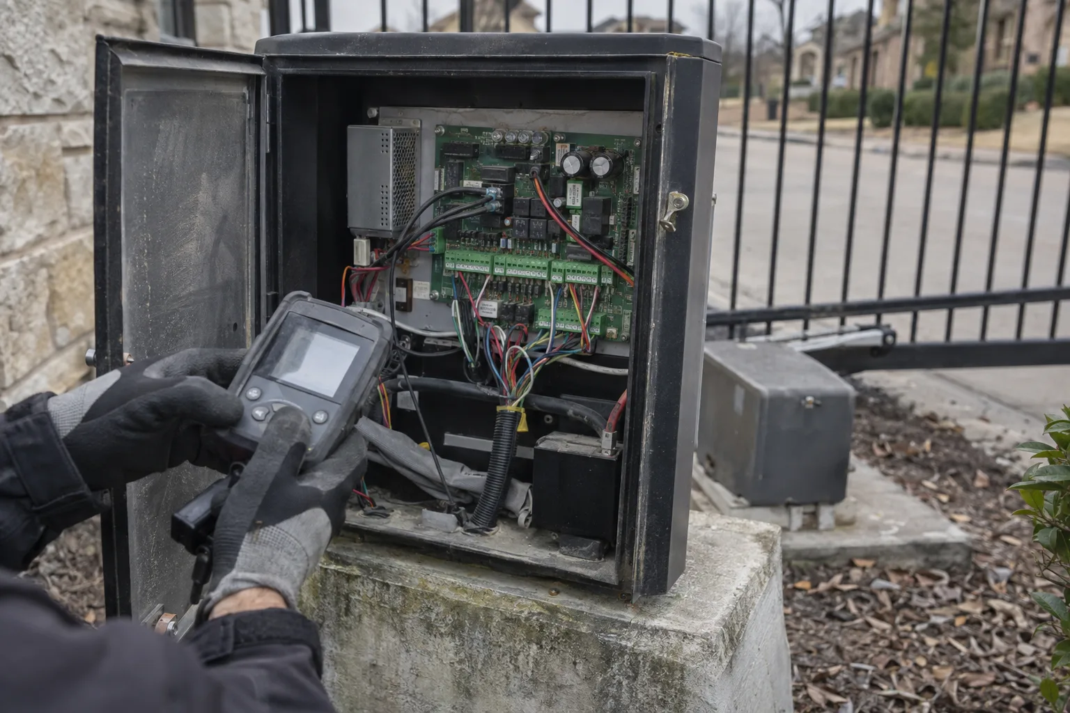 A gate operator control box mounted on a concrete pedestal with its panel open, revealing the internal control board and wiring, while gloved hands hold a diagnostic tool nearby